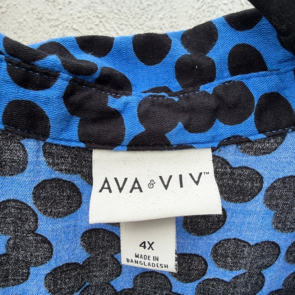 Ava & Viv Polka Dot Dress Womens 4X Blue Black Button Front Midi Casual Office - Picture 2 of 15
